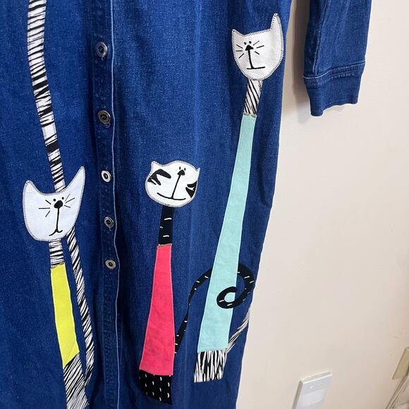 Vintage 90s Cat Lady Denim Shirt Dress Size M Blue Jean Embroidered Stretch Fun - Picture 7 of 9